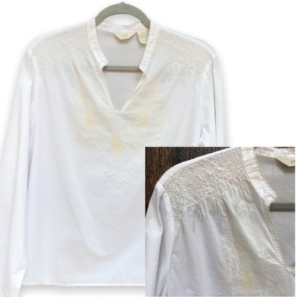 J Jill Embroidered White Cotton Long Sleeve V Neck Blouse Women Size Medium Boho